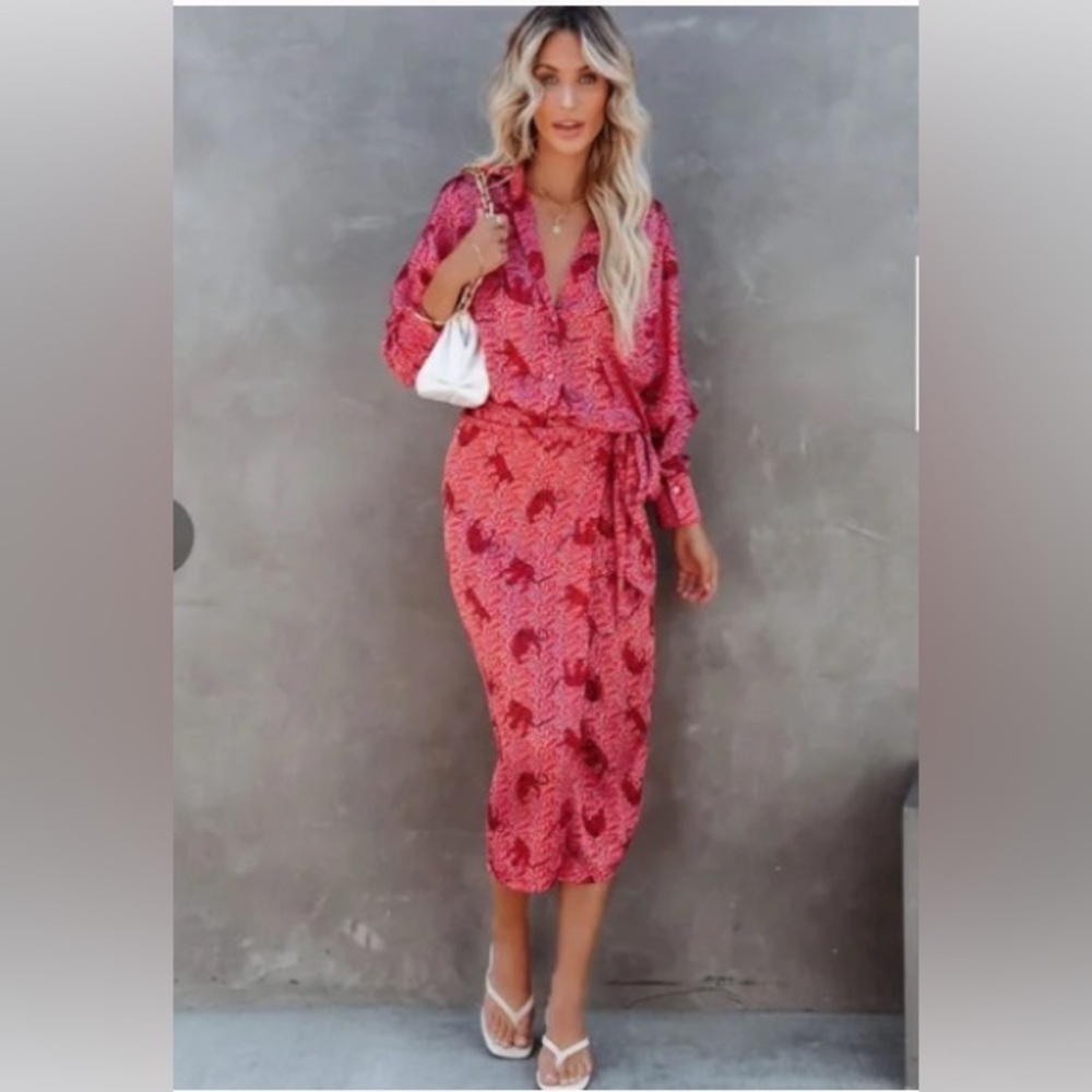 VICI Jaguar Satin Wrap Midi Skirt and Button Down Shirt Set in red